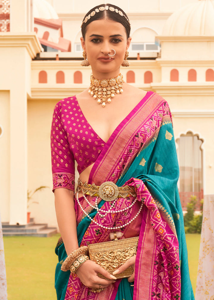 Cerulean Blue & Pink Printed Patola Silk Saree