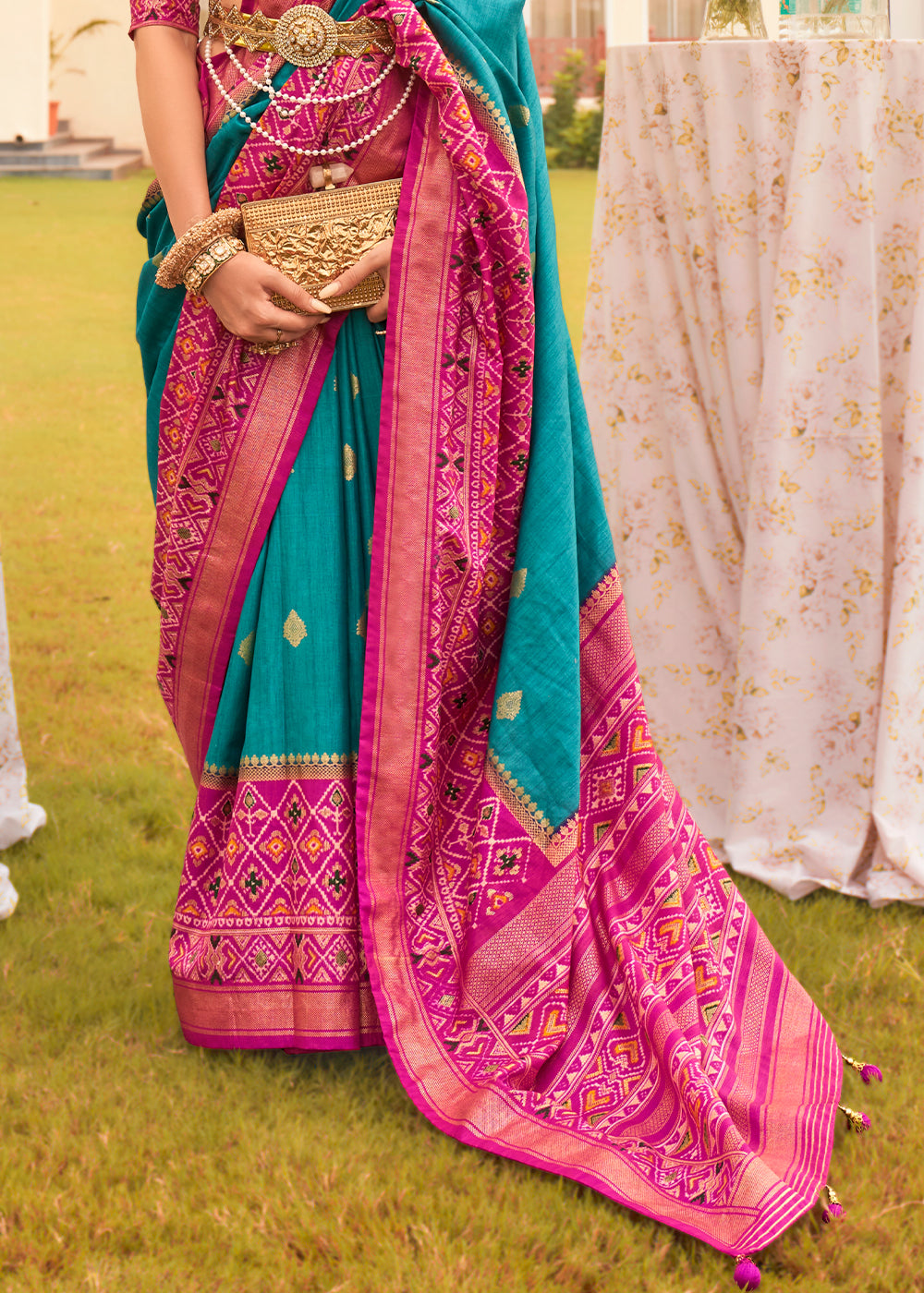 Cerulean Blue & Pink Printed Patola Silk Saree