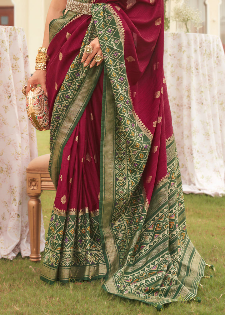 Crimson Red & Green Printed Patola Silk Saree