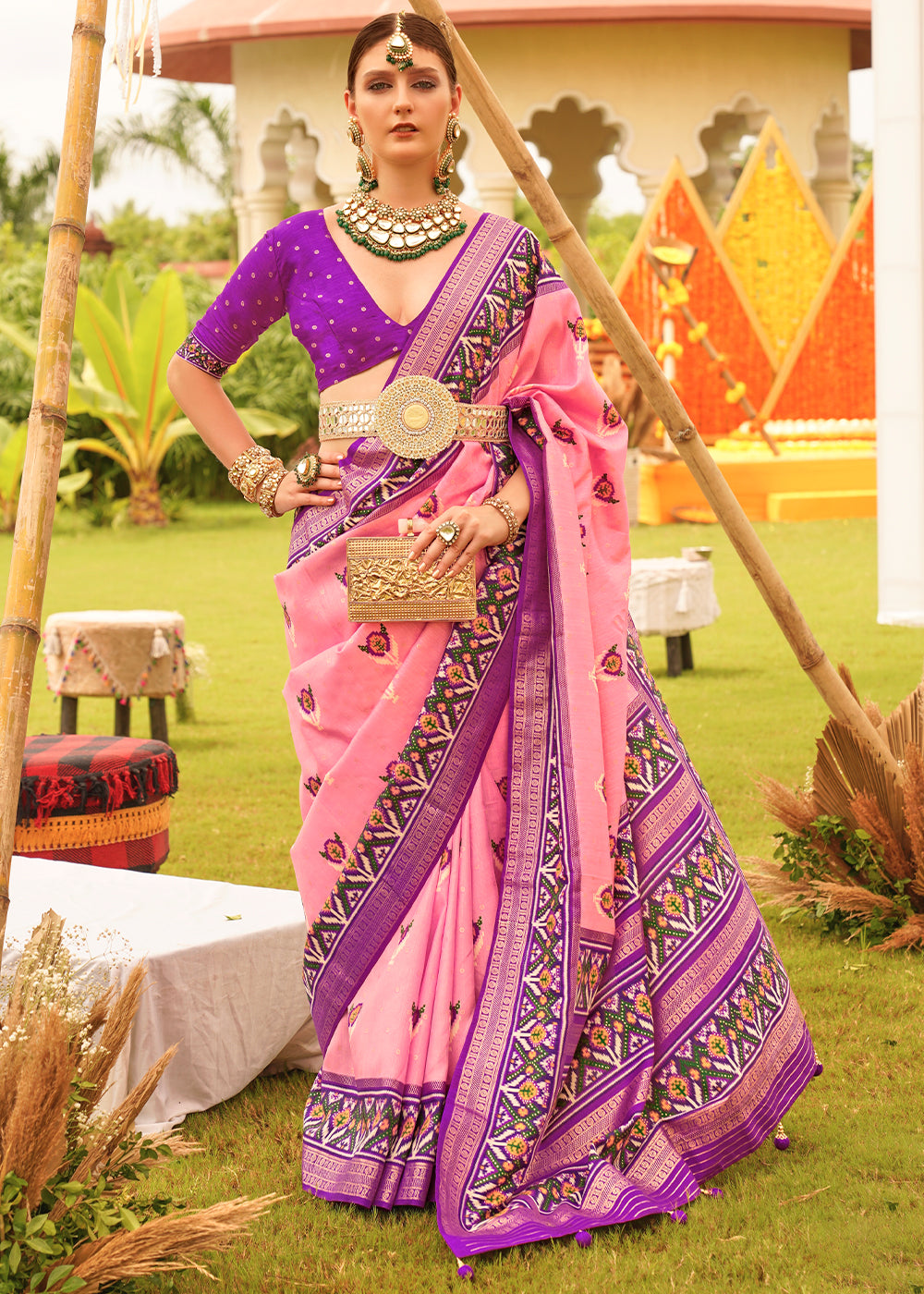 Pink & Purple Printed Patola Designer Silk Saree