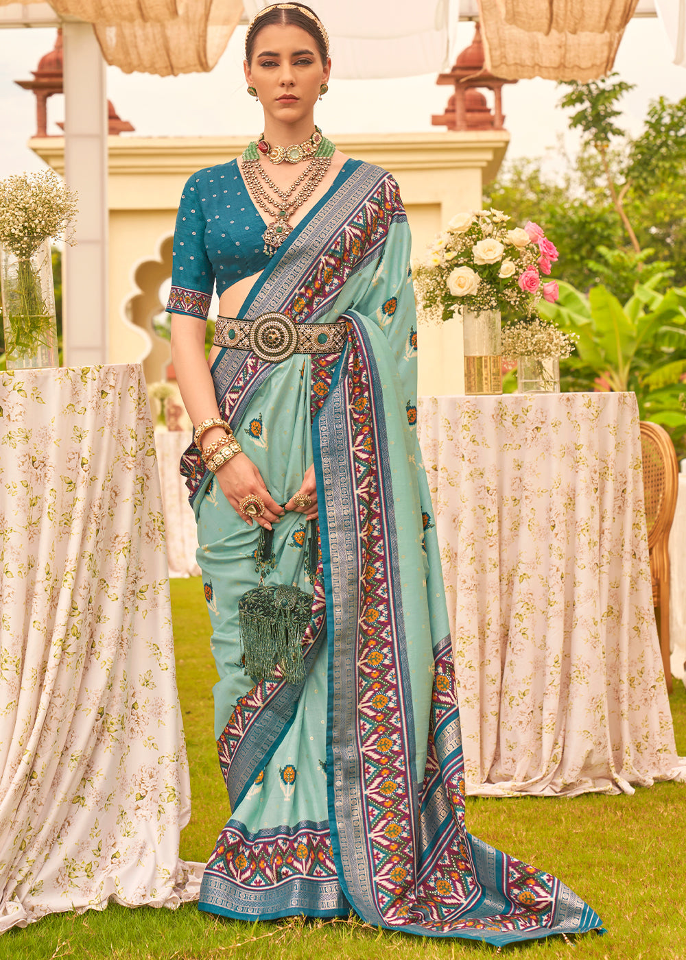 Shades Of Blue Printed Patola Designer Silk Saree