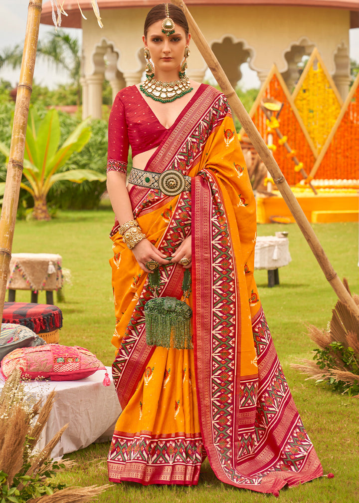 Saffron Yellow Printed Patola Designer Silk Saree