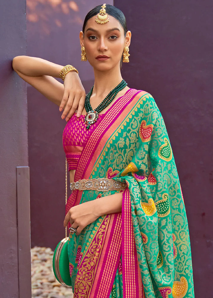 Paris Green Designer Printed Brasso Silk Saree