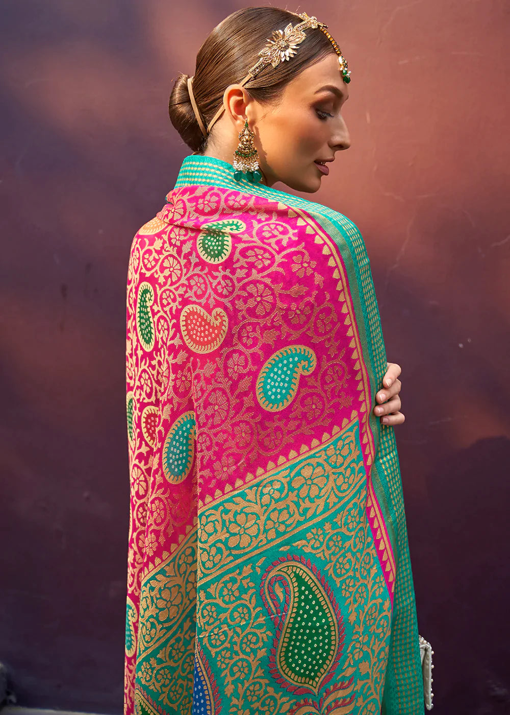 Hot Pink Designer Printed Brasso Silk Saree