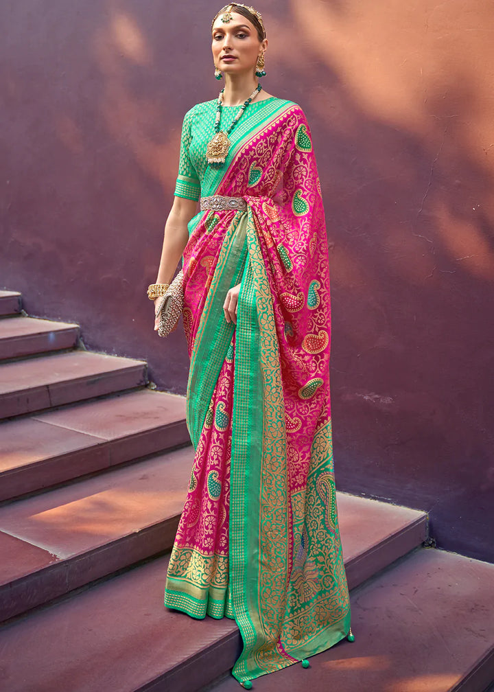 Hot Pink Designer Printed Brasso Silk Saree