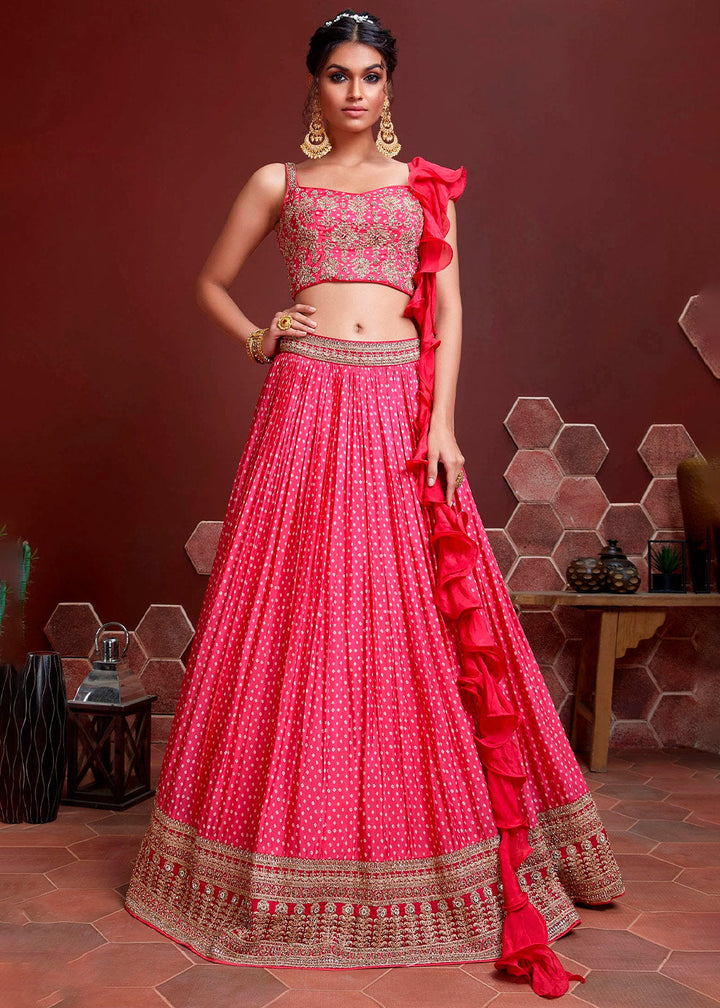 Azalea Pink Bandhani Printed Chinon Silk Lehenga Choli with Heavy Embroidery work