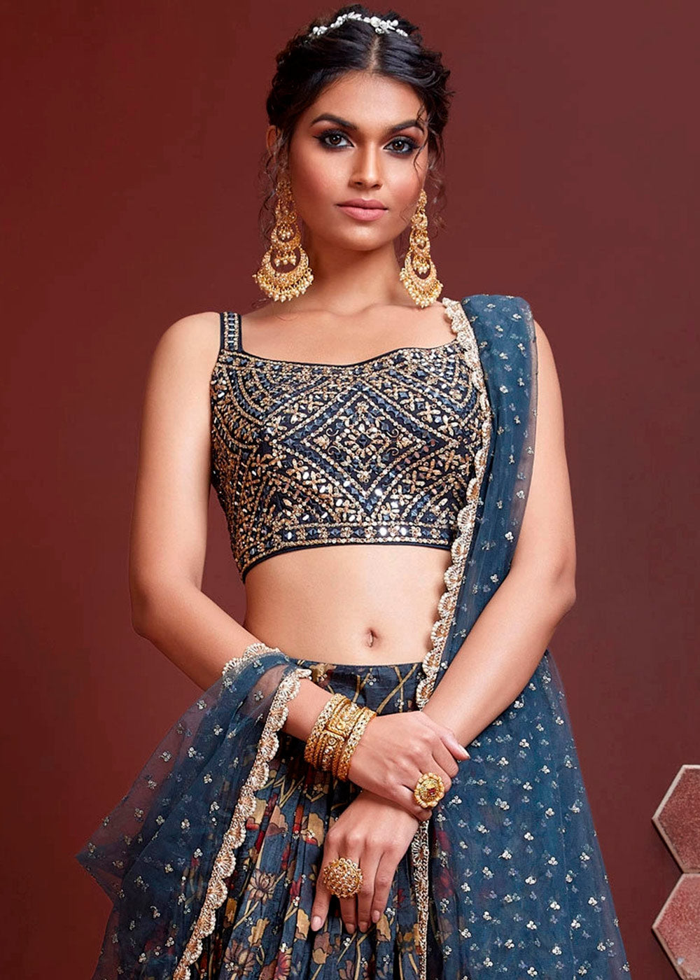 Dark Blue Floral Printed Chinon Silk Lehenga Choli with Sequins & Mirror work : Top Pick