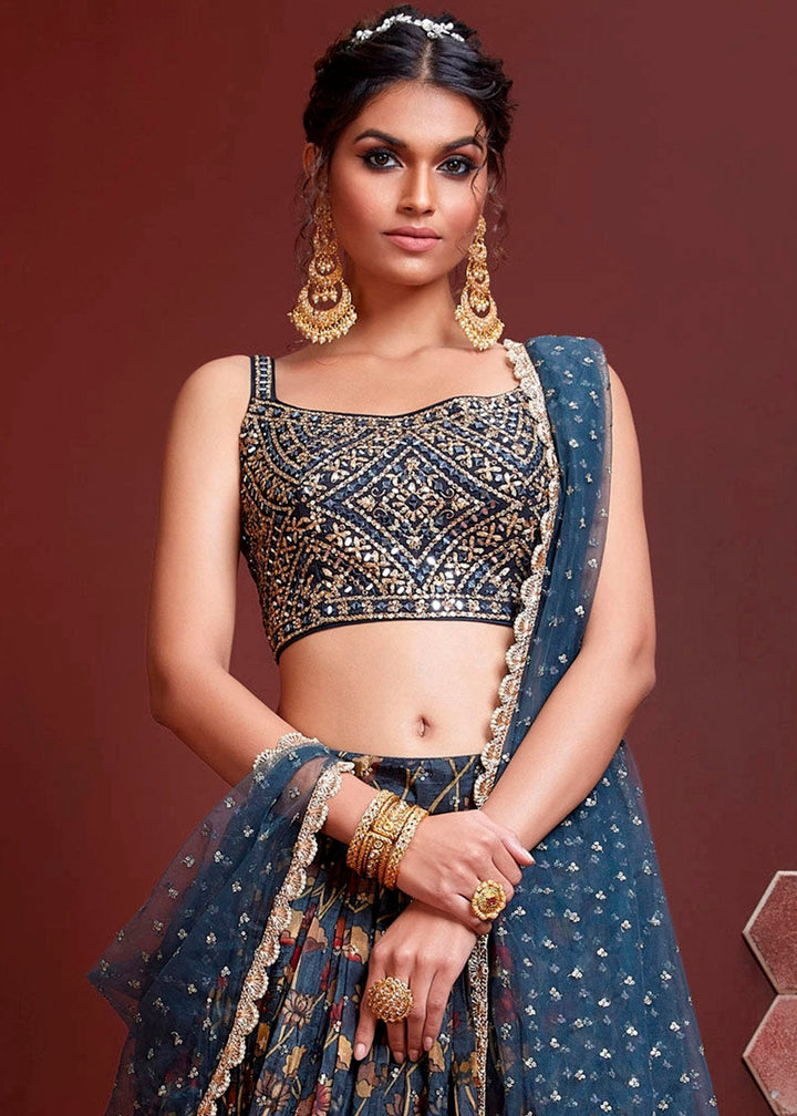 Dark Blue Floral Printed Chinon Silk Lehenga Choli with Sequins & Mirror work : Top Pick