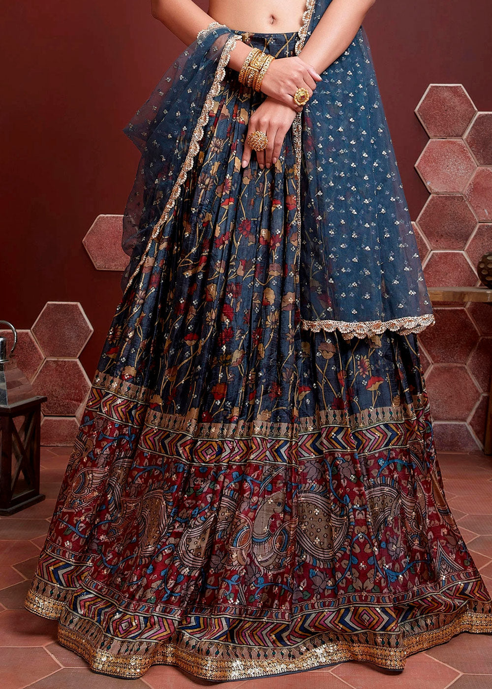 Dark Blue Floral Printed Chinon Silk Lehenga Choli with Sequins & Mirror work : Top Pick