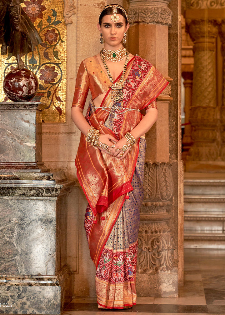 Purple & Orange Zari Woven Jacquard Banarasi Silk Saree