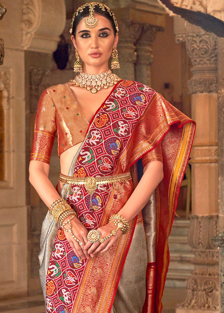 Light Grey Zari Woven Jacquard Banarasi Silk Saree