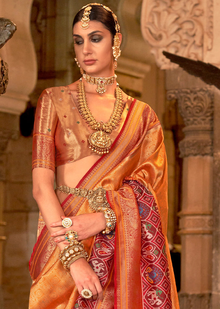 Shades Of Orange Zari Woven Jacquard Banarasi Silk Saree