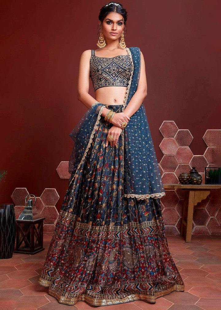 Dark Blue Floral Printed Chinon Silk Lehenga Choli with Sequins & Mirror work : Top Pick