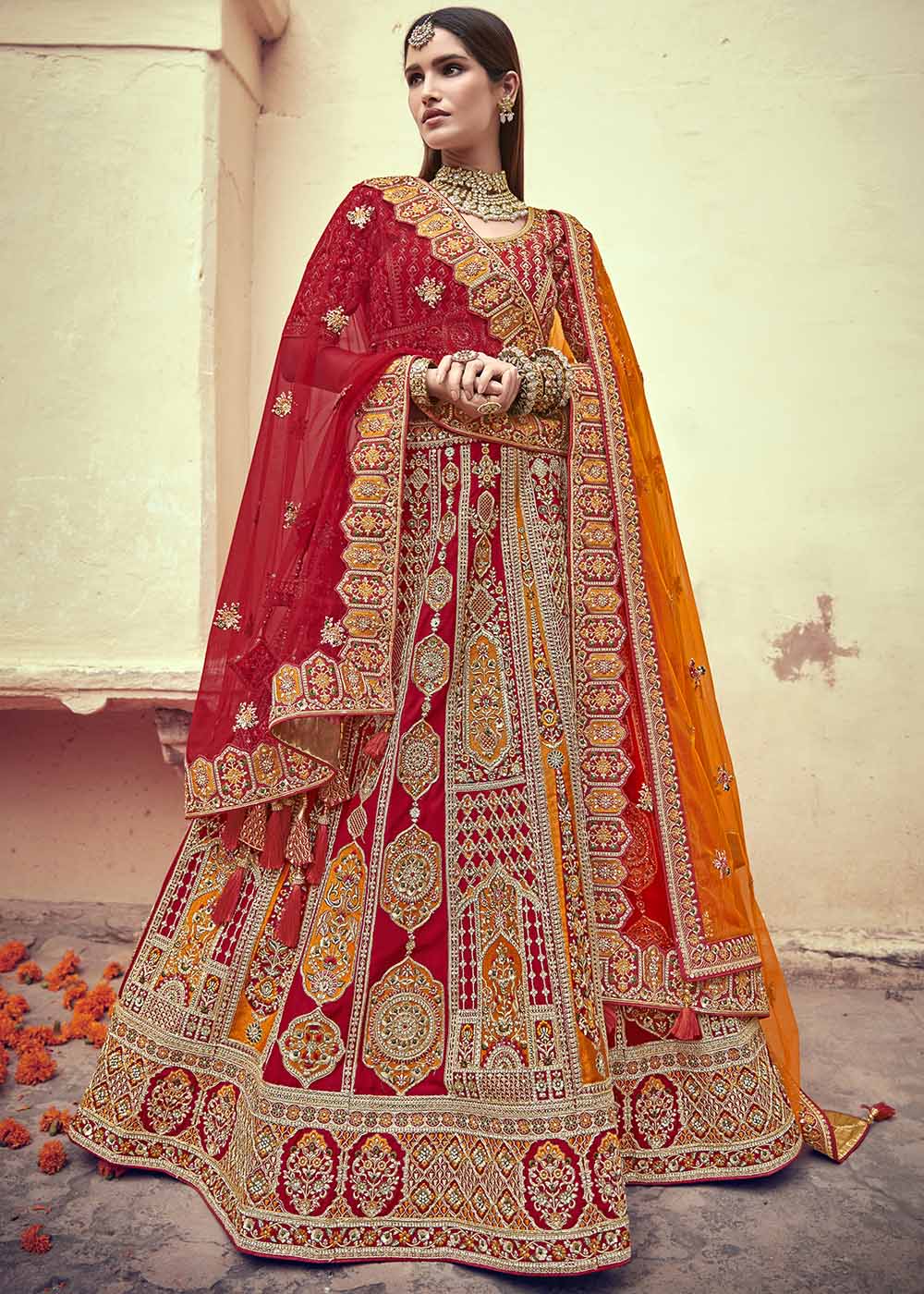 Apple Red Banarasi Silk Lehenga Choli with Jarkan, Cutdana and Hand Embroidery work:Bridal Edition