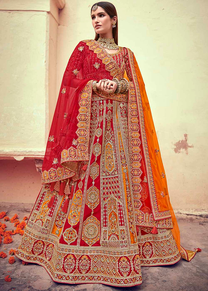 Apple Red Banarasi Silk Lehenga Choli with Jarkan, Cutdana and Hand Embroidery work:Bridal Edition