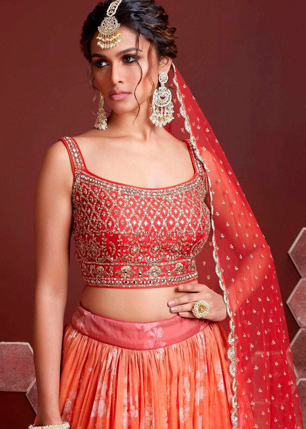 Shades Of Red Floral Printed Organza Silk Lehenga Choli with Swarovski & Mirror work