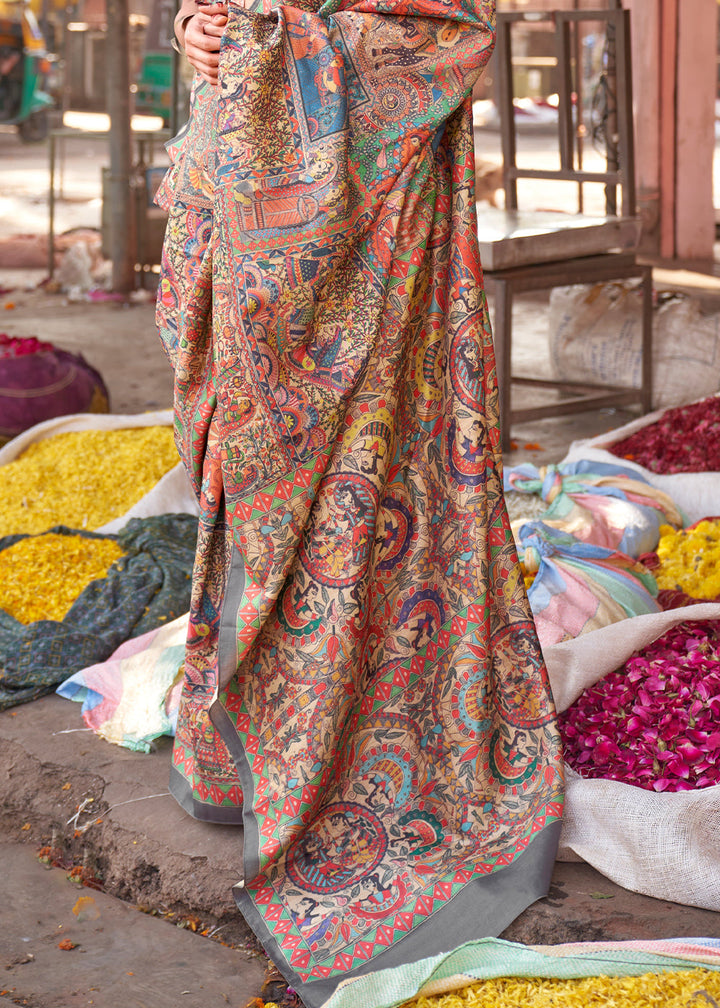 Fossil Grey Madhubani Digital Printed Silk Saree