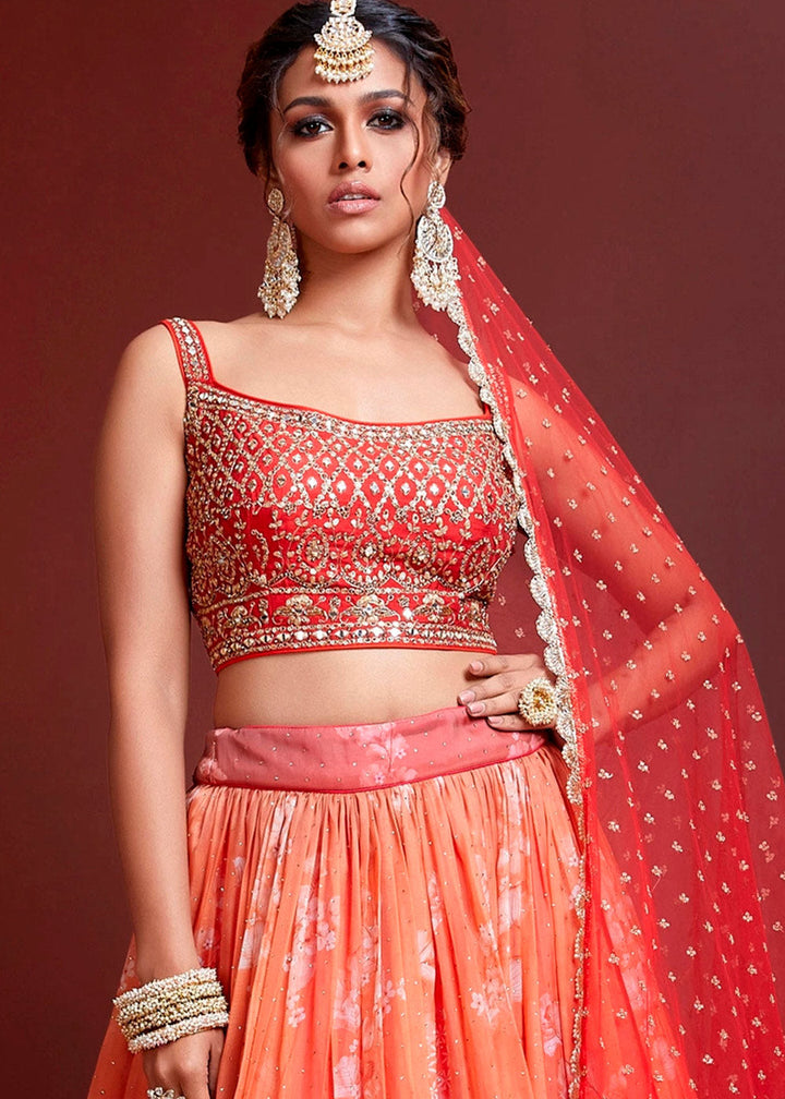 Shades Of Red Floral Printed Organza Silk Lehenga Choli with Swarovski & Mirror work