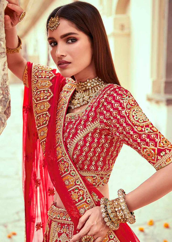 Apple Red Banarasi Silk Lehenga Choli with Jarkan, Cutdana and Hand Embroidery work:Bridal Edition