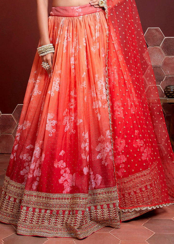 Shades Of Red Floral Printed Organza Silk Lehenga Choli with Swarovski & Mirror work