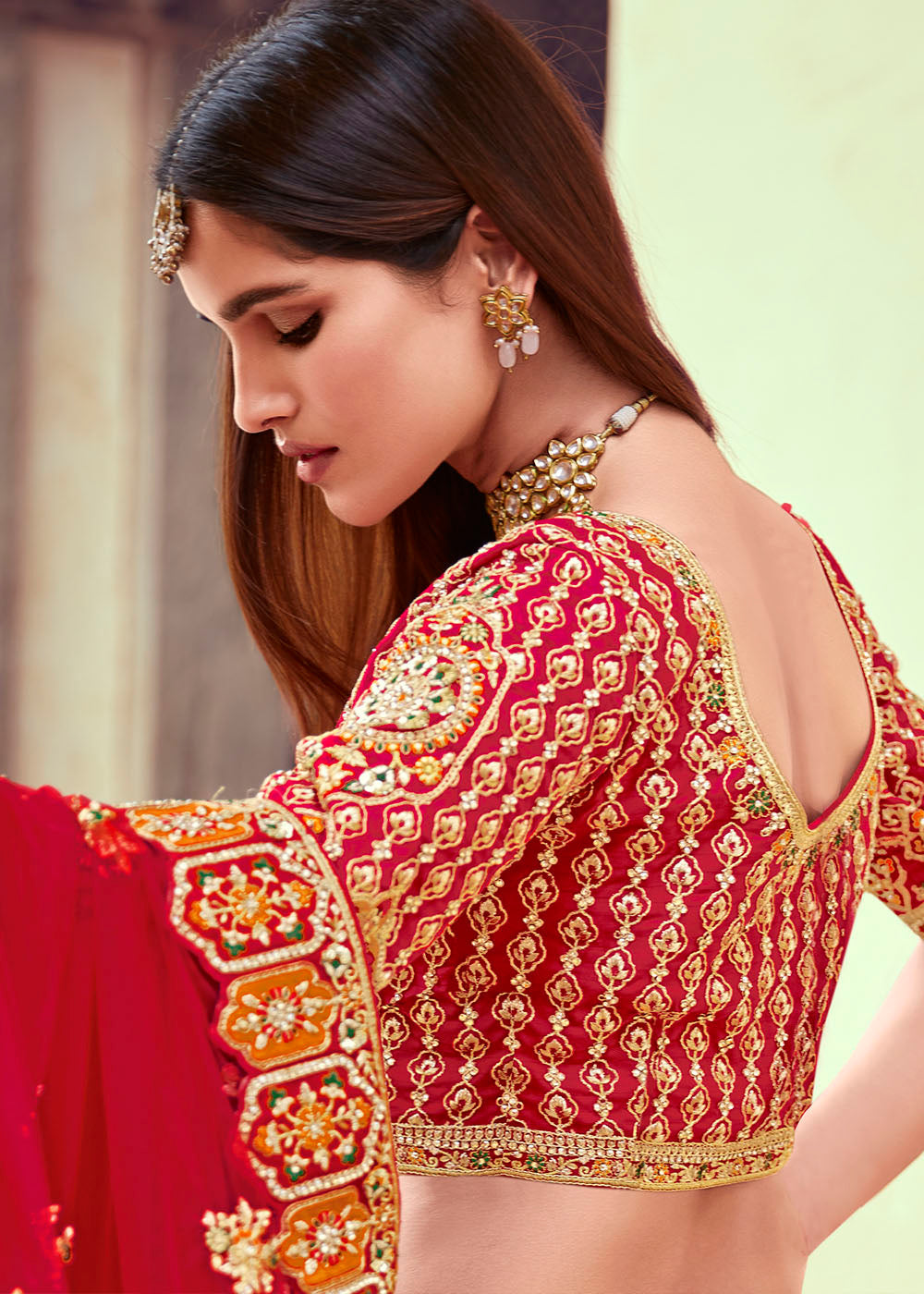 Apple Red Banarasi Silk Lehenga Choli with Jarkan, Cutdana and Hand Embroidery work:Bridal Edition