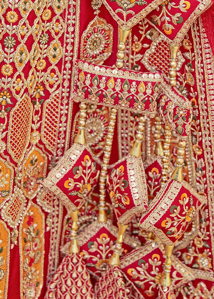 Apple Red Banarasi Silk Lehenga Choli with Jarkan, Cutdana and Hand Embroidery work:Bridal Edition