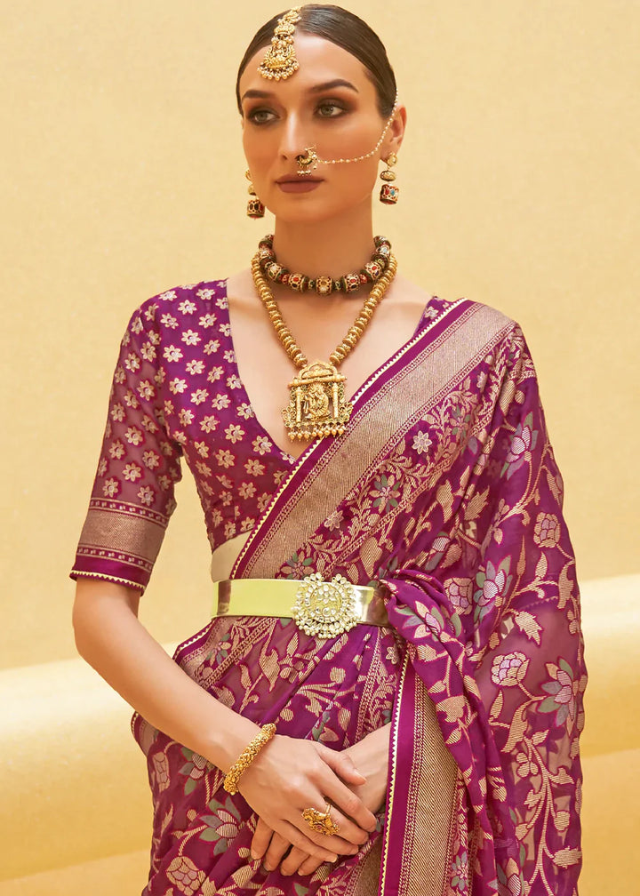 Tyrian Purple Zari Woven Brasso Organza Silk Saree