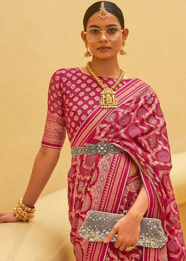 Shades Of Pink Zari Woven Brasso Organza Silk Saree