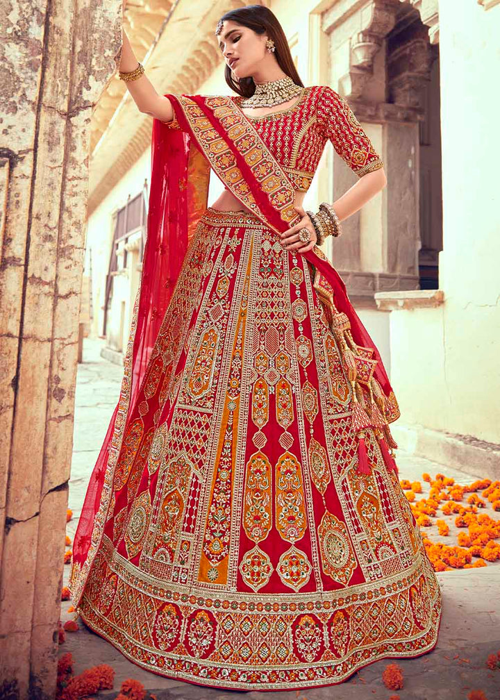 Apple Red Banarasi Silk Lehenga Choli with Jarkan, Cutdana and Hand Embroidery work:Bridal Edition