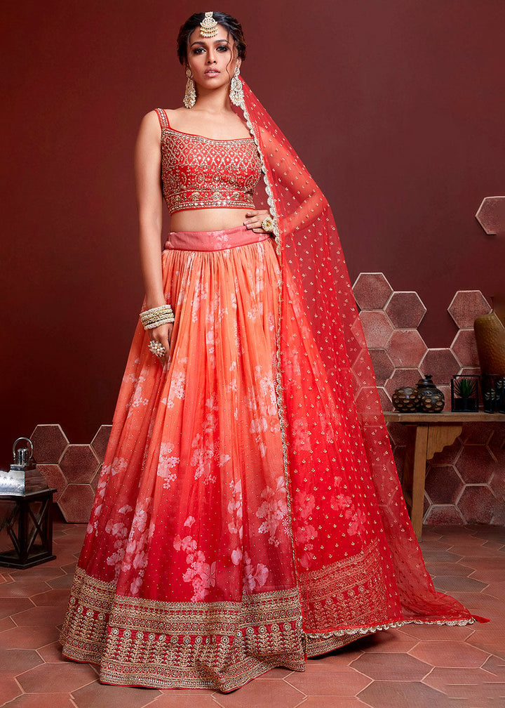 Shades Of Red Floral Printed Organza Silk Lehenga Choli with Swarovski & Mirror work