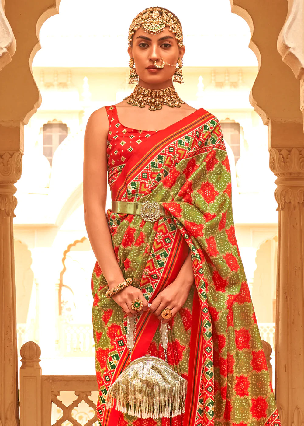 Red & Green Printed Patola Tussar Silk Saree