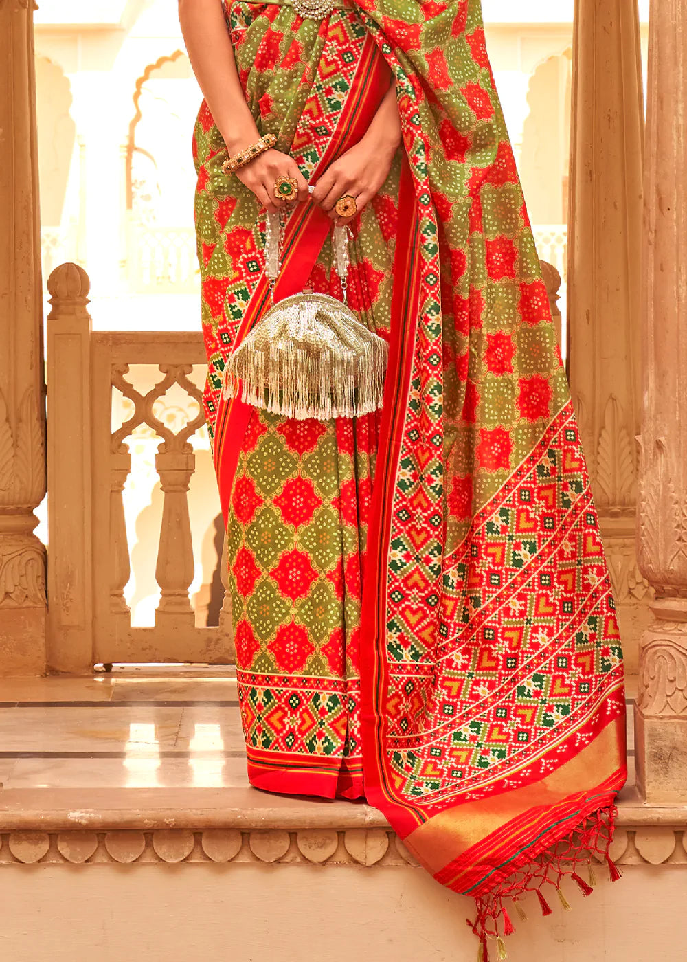 Red & Green Printed Patola Tussar Silk Saree