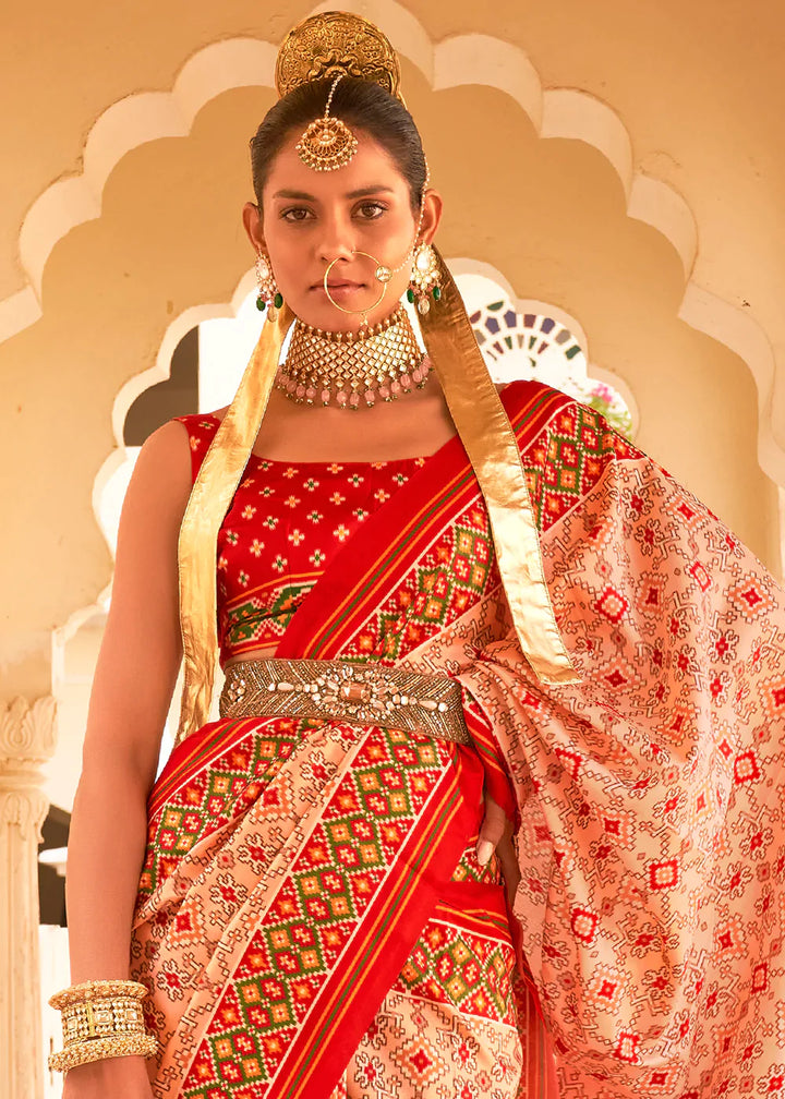 Ivory White & Red Printed Patola Tussar Silk Saree