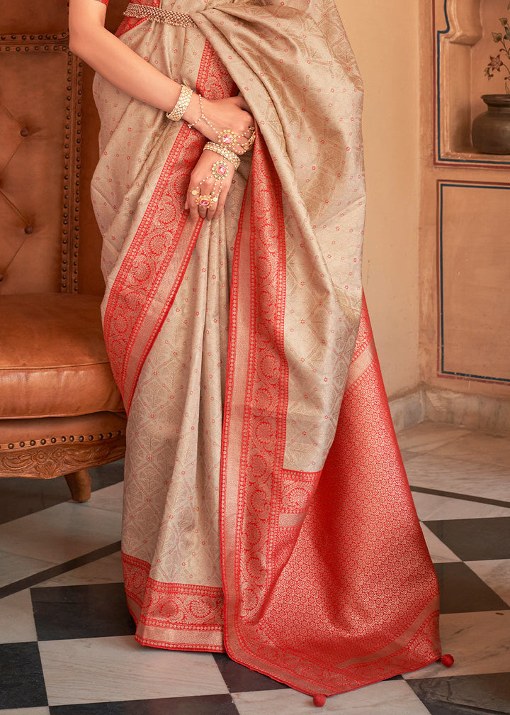 Brown & Red Zari Woven Banarasi Silk Saree