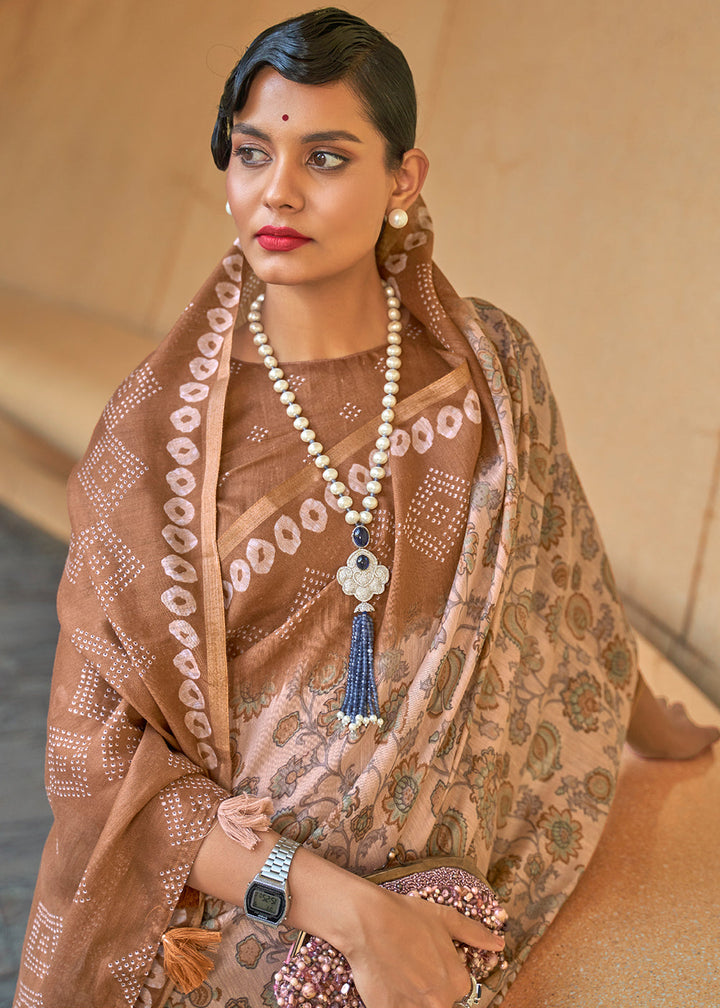 Shades Of Brown Floral Printed Chanderi Cotton Saree