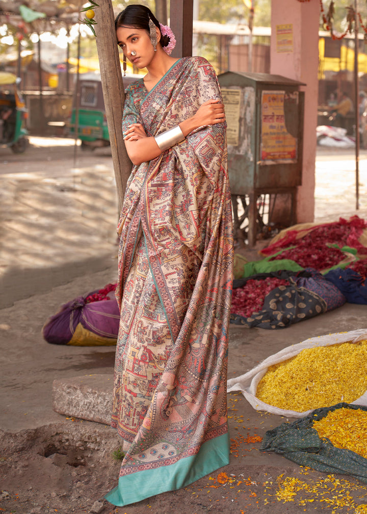 Arctic Blue Madhubani Digital Printed Silk Saree