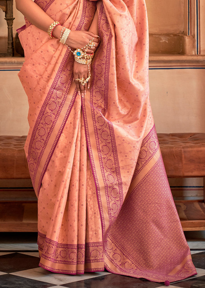 Light Peach Pink Zari Woven Banarasi Silk Saree