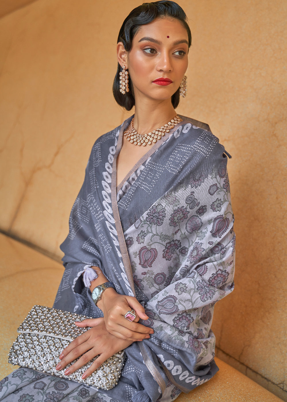 Shades Of Grey Floral Printed Chanderi Cotton Saree