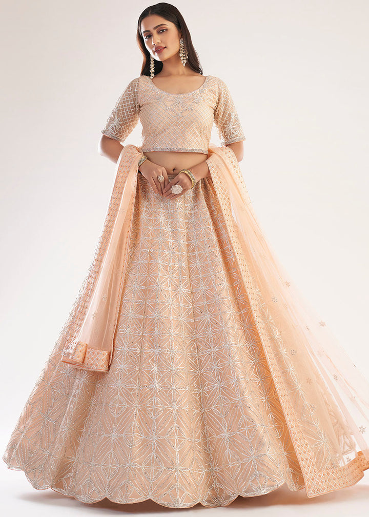 Pastel Salmon Pink Net Lehenga Choli with Gota and Zarkan work