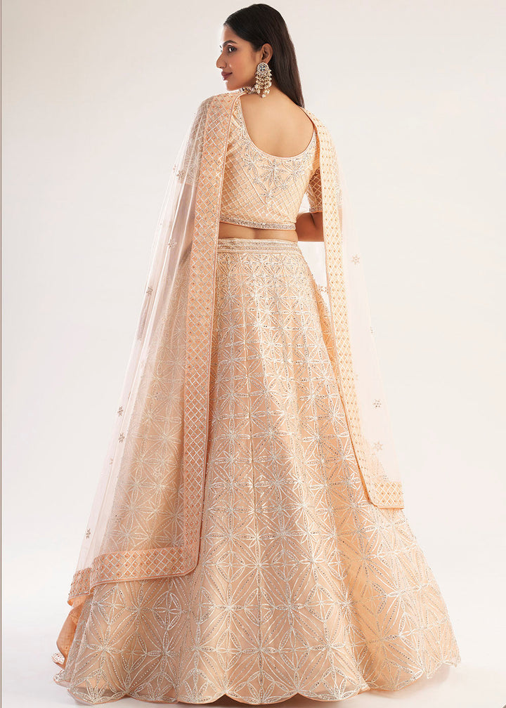 Pastel Salmon Pink Net Lehenga Choli with Gota and Zarkan work