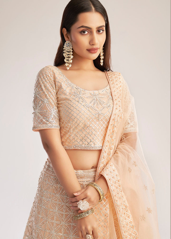 Pastel Salmon Pink Net Lehenga Choli with Gota and Zarkan work