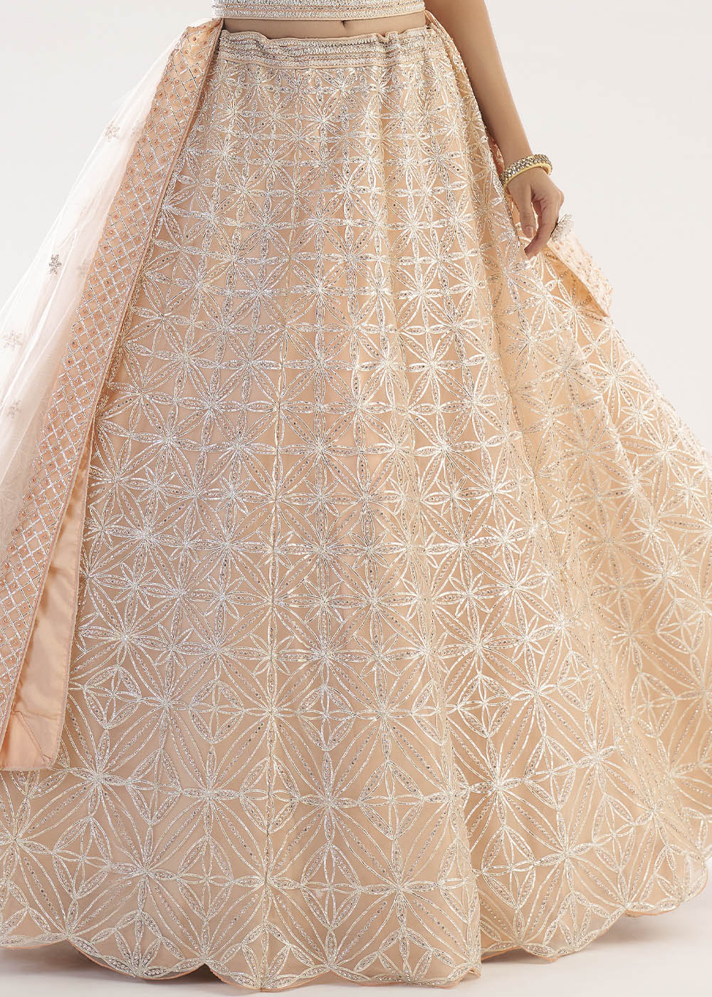 Pastel Salmon Pink Net Lehenga Choli with Gota and Zarkan work