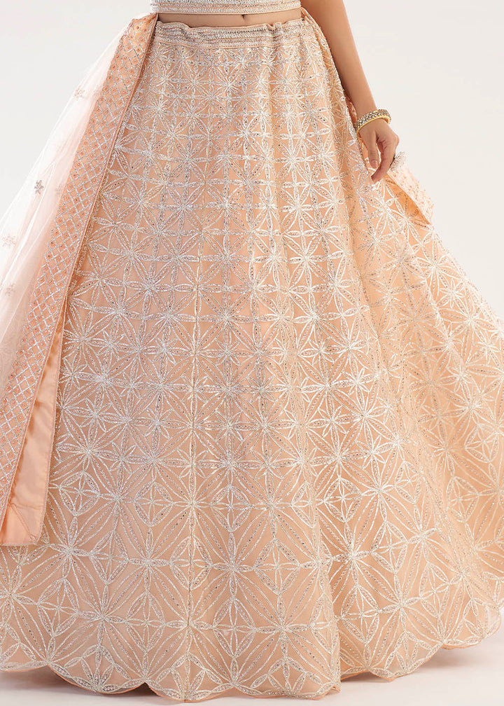 Pastel Salmon Pink Net Lehenga Choli with Gota and Zarkan work