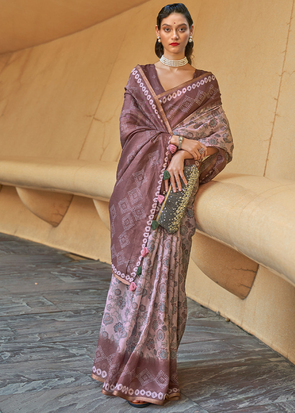 Shades Of Brown Floral Printed Chanderi Cotton Saree