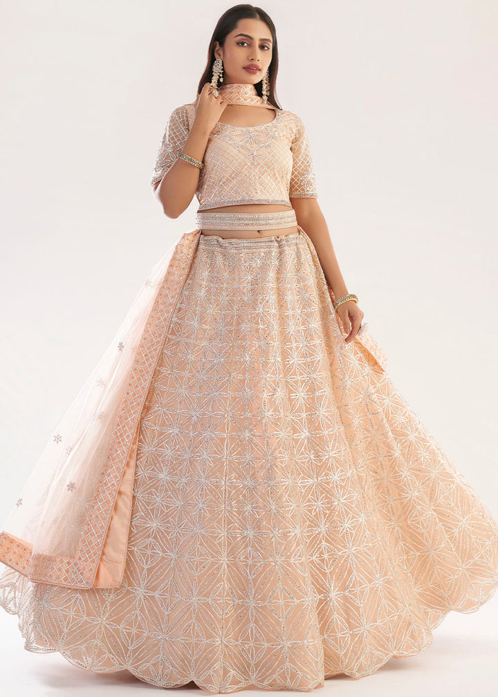 Pastel Salmon Pink Net Lehenga Choli with Gota and Zarkan work