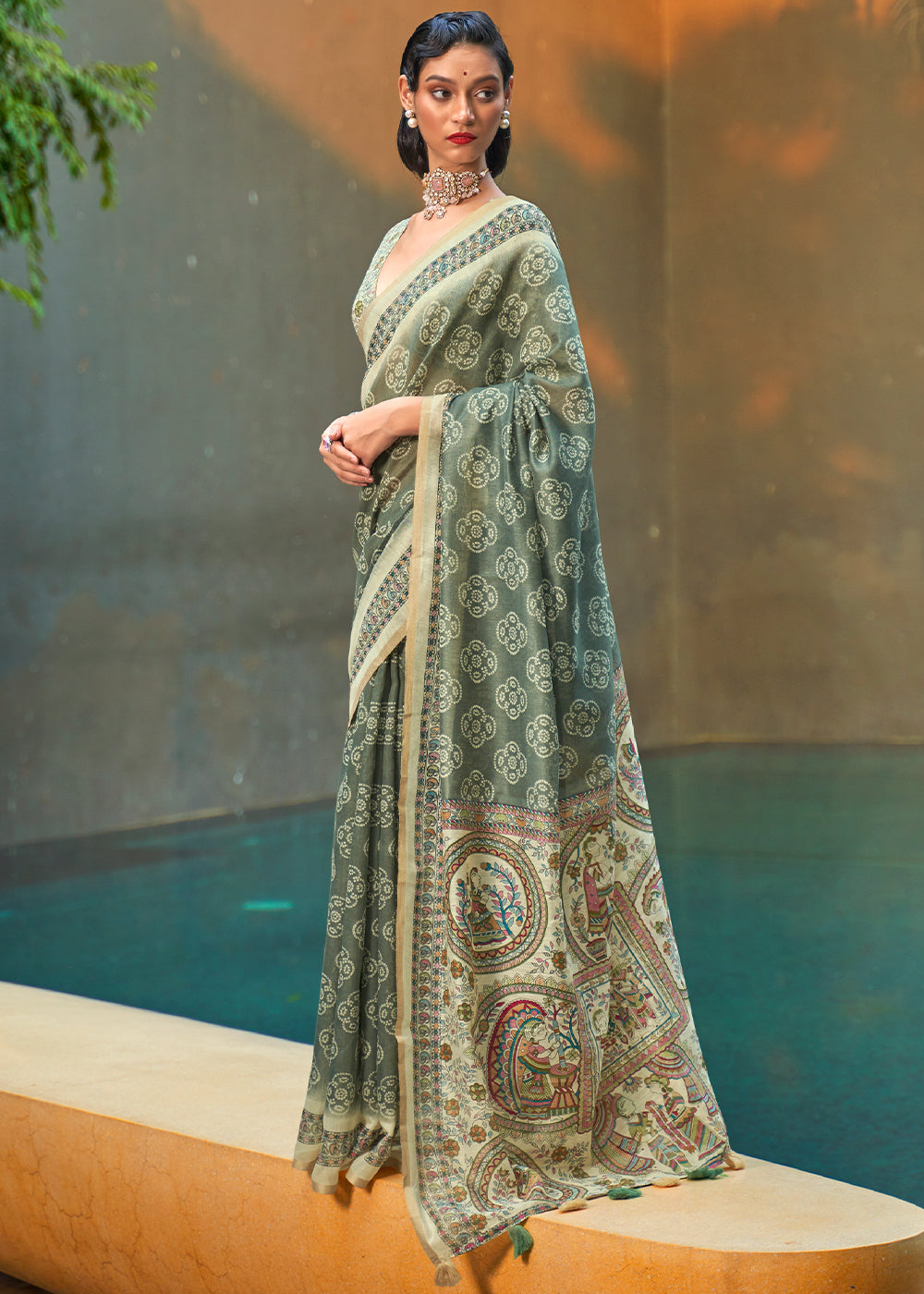 Fern Green Floral Printed Chanderi Cotton Saree