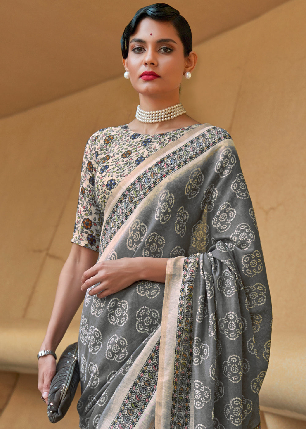 Steel Grey Bandhani Printed Chanderi Cotton Saree