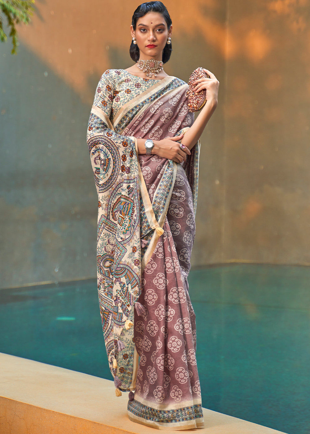 Pecan Brown Bandhani Printed Chanderi Cotton Saree