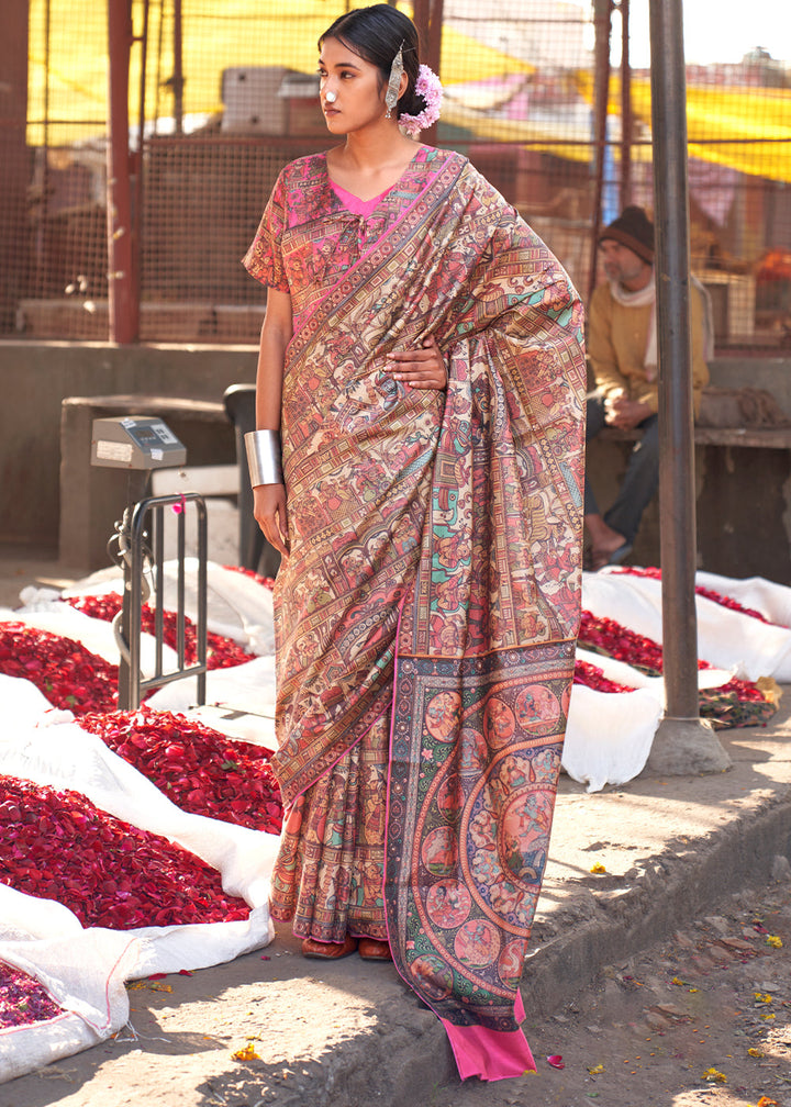 Neon Pink Madhubani Digital Printed Silk Saree