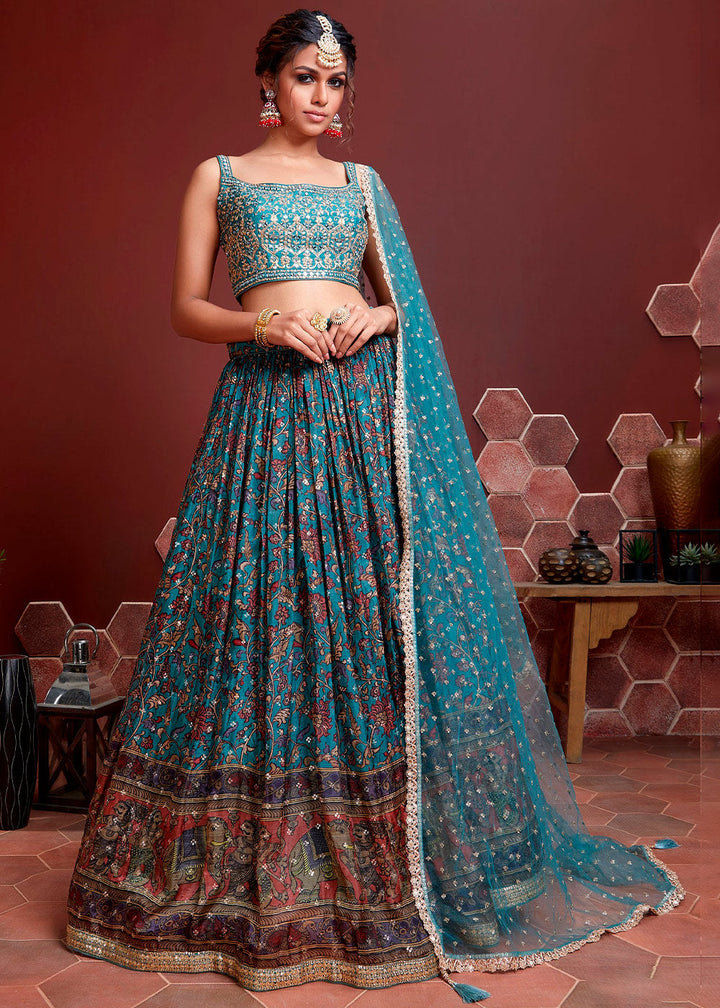 Azure Blue Floral Printed Chinon Silk Lehenga Choli with Sequins & Mirror work